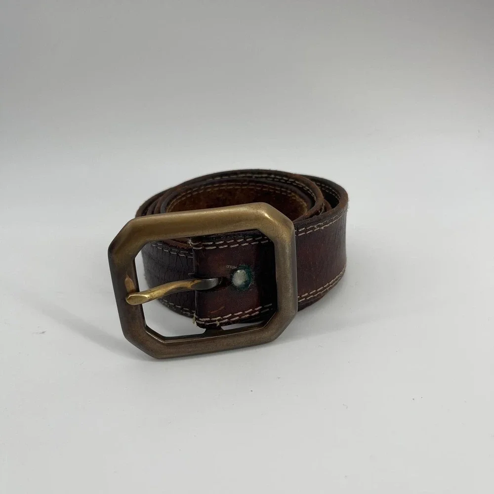 Vintage Abercrombie & Fitch Leather Belt Made in USA Brown Brass Buckle 43.5in